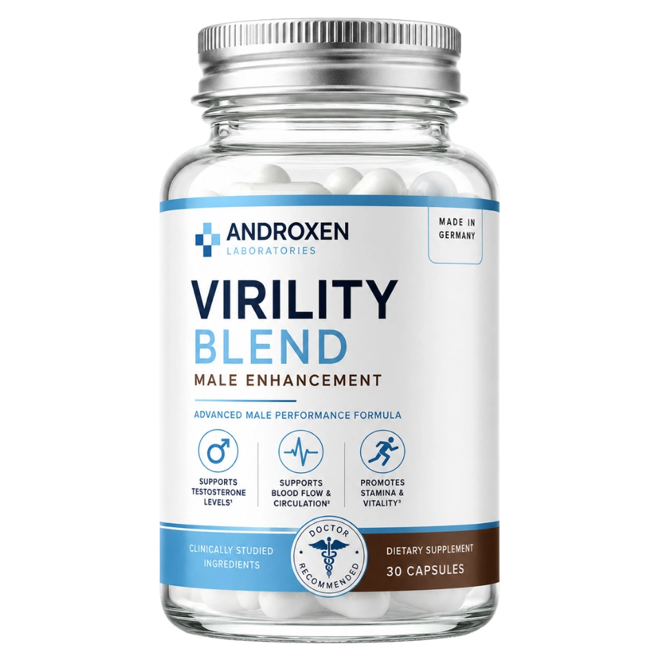 Bottle of Androxen Capsules, an advanced male performance formula with 30 capsules