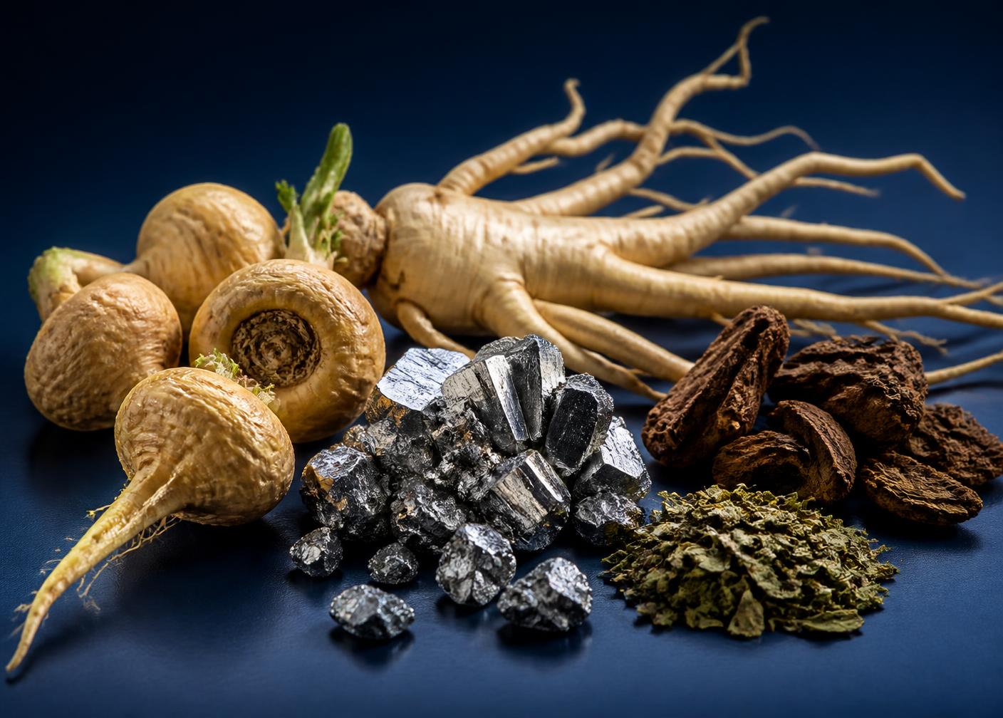 Maca root, ginseng root, zinc mineral crystals and dried botanicals on a dark surface